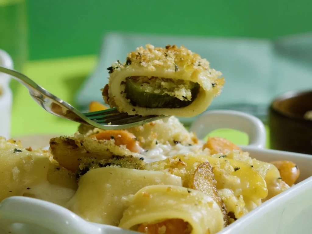 Pasta al forno gratinata con verdure e scamorza