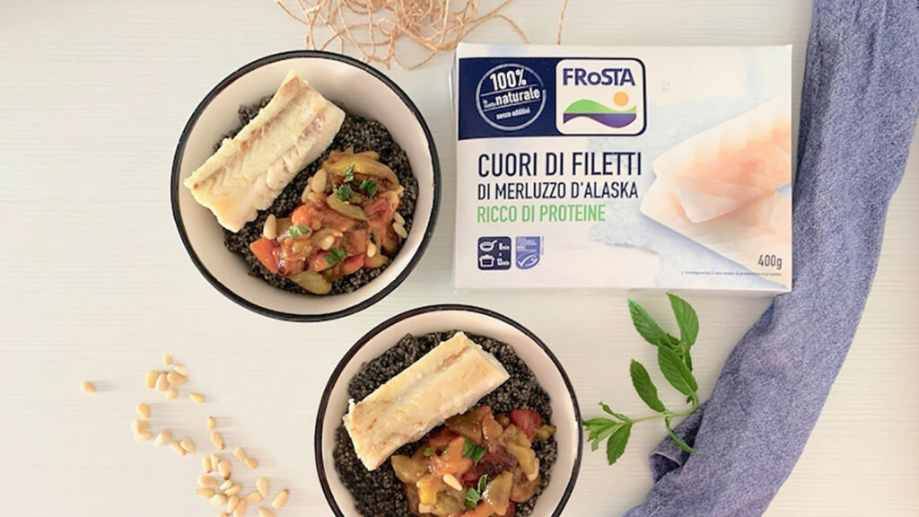 Cuori di filetti di merluzzo d’Alaska con cous cous nero e peperoni