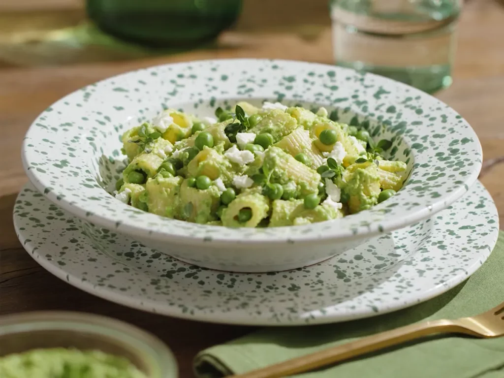 Pasta al pesto di piselli con feta e erbe aromatiche