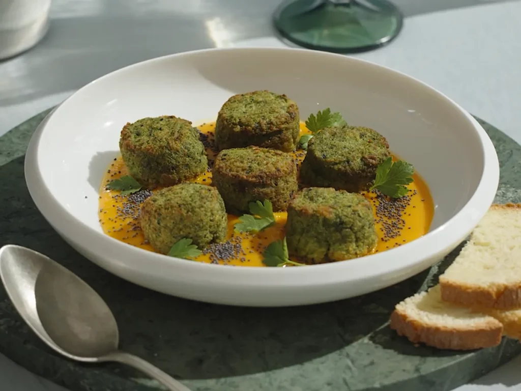 Polpette di salmone su crema di carote e fagioli